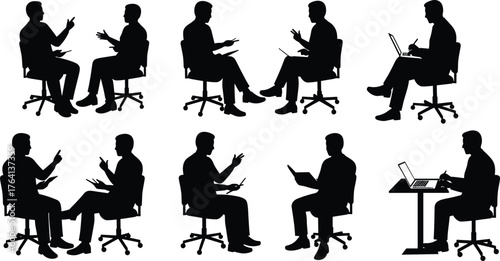 Office silhouettes seated, business teamwork, laptop work, professional discussion, communication concept, black figures, formal attire, meeting illustration, workplace productivity, gestures