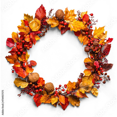 A colorful autumn wreath with leaves, berries, and nuts on a white background.