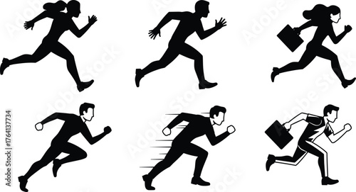 Running silhouettes, business urgency, athletic sprint, motion lines, handbag runners, black and white figures, dynamic movement, speed concept, urgency illustration, pose