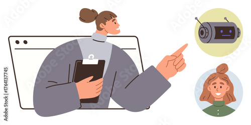 Woman holding clipboard, pointing toward circular icons of a robot and a smiling person. Ideal for technology, AI interaction, teamwork, online communication, education, coaching, futuristic