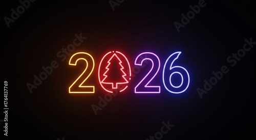 2026 neon sign with Christmas tree symbol glowing on black background  