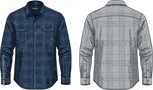 Plaid shirt sketch, long sleeve, front and back view, button-up design, chest pockets, collar, cuff, fashion illustration, apparel template