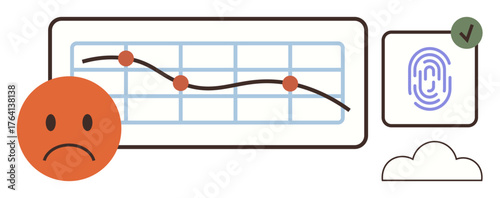 Downward trend line on a grid chart, sad face icon, verified fingerprint, and cloud element. Ideal for data security, analytics, biometrics, compliance, trends authentication simple flat metaphor