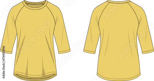 Yellow raglan sleeve shirt, three-quarter sleeve top, front and back view, rounded hem, casual fashion, garment sketch, technical illustration