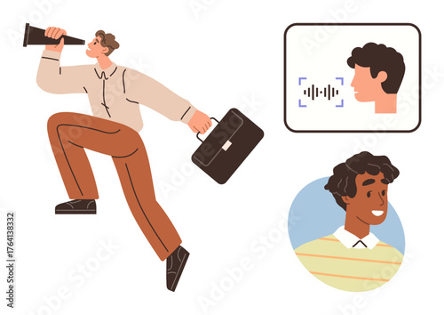 Person searching with a telescope and carrying a briefcase alongside facial recognition technology and a smiling individual. Ideal for business, exploration, future tech, innovation, identity