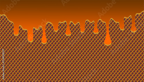 Chocolate drip on transparent pattern background. Dripping chocolate  illustration. Ice cream drip on waffle background. Hand-drawn chocolate drip on waffle background. 