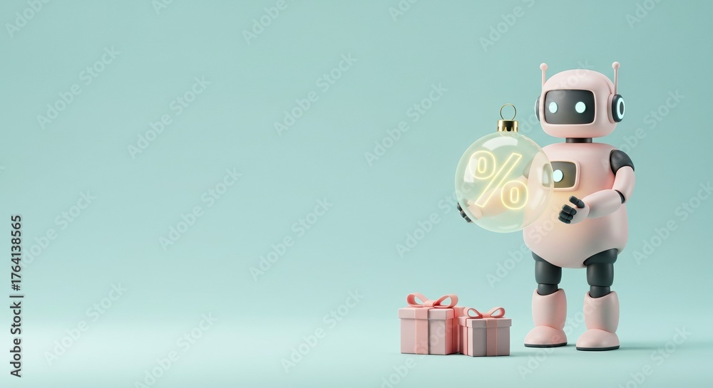 Obraz premium A pink robot carries glowing percentage sign ornament,standing beside two presents wrapped with bows,all set against serene pastel background.Christmas and new year mood,copy space.