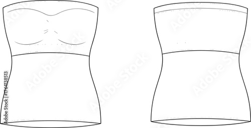 Strapless bandeau top fashion sketch, sweetheart neckline, front and back view, technical illustration, garment design, clothing template, apparel vector