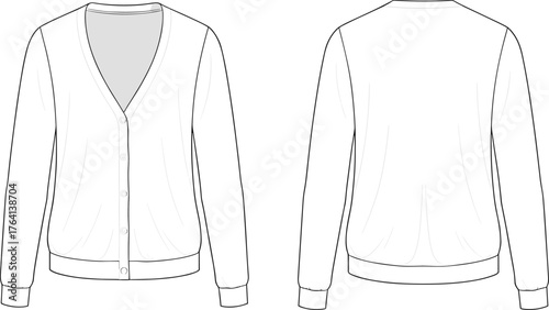 Cardigan sweater technical flat sketch, front and back view, fashion illustration, V-neck button-down, long sleeve, garment design template, apparel