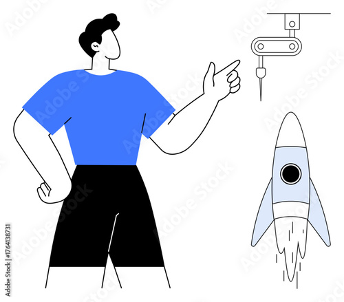 Person gesturing at a robotic arm operating a rocket, emphasizing technology, innovation, robotics, space exploration, engineering, product design, creativity. Ideal for simple flat metaphor