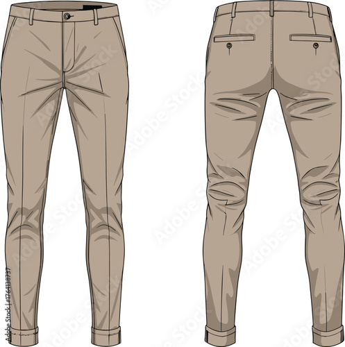 Men's slim fit trousers, fashion flat sketch, front and back view, technical drawing, garment design, apparel template, clothing blueprint, vector