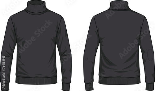 Black turtleneck sweater front and back view, ribbed collar, cuffs, waistband, elbow patch detail, winter fashion, garment illustration, knitwear