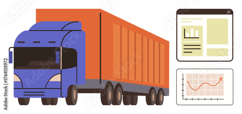 Cargo truck with logistics dashboard and performance graphs. Ideal for transportation, logistics, delivery, supply chain, efficiency, shipping, freight management. Clean flat metaphor