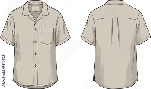 Technical flat sketch, short sleeve shirt, button-up front, classic collar, chest pocket, curved hem, fashion design, garment template, vector illustration, apparel blueprint