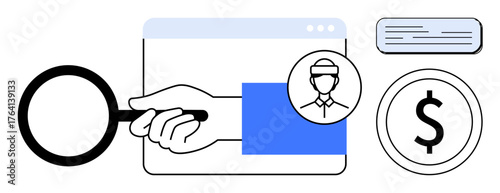 Magnifying glass, user profile, financial statement, and dollar sign highlight analysis and financial themes. Ideal for user research, data analysis, finance, banking, e-commerce business