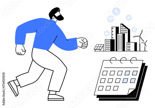 Man strides towards cityscape with solar panels, wind turbines, and tech icons near a calendar layout. Ideal for sustainability, progress, planning, urban development, technology, renewable energy