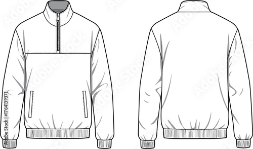 Technical flat sketch, pullover jacket front back view, long sleeve, ribbed cuffs, stand collar, zipper, fashion design, apparel template, vector illustration, garment blueprint