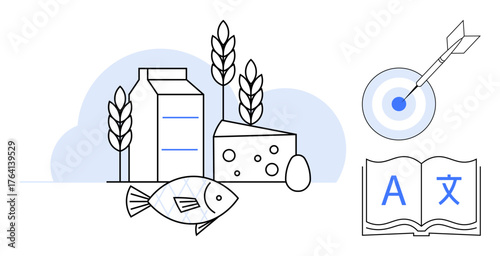 Milk carton, cheese wedge, egg, fish, and wheat, alongside a dartboard and open book. Ideal for nutrition, agriculture global learning accuracy precision education sustainability. Simple flat