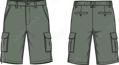 Technical sketch, cargo shorts, olive green, front and back view, multiple pockets, belt loops, button closure, fashion template, garment illustration
