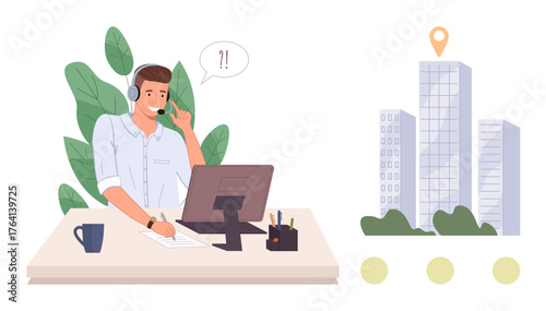 Man with headset working at desk, providing support. Office buildings in background. Ideal for customer service, business communication, teamwork, remote work, problem-solving, help desk corporate
