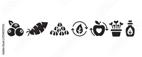 Set of glyph icons for superfoods. Includes blueberries, sweet potatoes, buckwheat, and microgreens. Focused on vegetarian, organic, and healthy eating