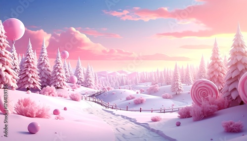 Enchanting pastel-hued winter landscape with fanciful trees and sky