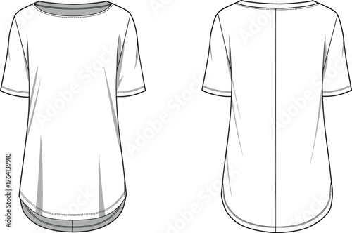 Technical sketch, women’s T-shirt, short sleeves, round neck, curved hem, front and back view, fashion template, garment illustration, apparel design