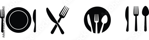 Restaurant Fork, knife, plate, spoon Menu symbol set collection pack bundle black shape icon silhouette vector flat illustration design on white background