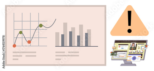 Graph and bar chart analysis alongside a computer dashboard with visualization tools and a warning sign. Ideal for business, analytics, risk management, cybersecurity, technology, online safety