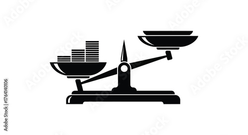 Black silhouette of a vintage balance scale with coins in one pan and an empty pan on the other representing financial comparison silhouette