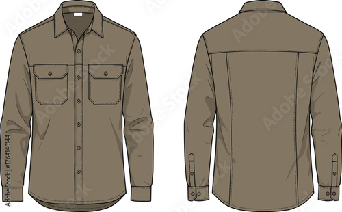 Technical sketch, long sleeve shirt, front and back view, button-up design, chest pockets, collar, cuffs, fashion template, garment illustration