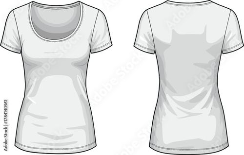 White women's scoop neck T-shirt, front and back view, plain short sleeve tee, apparel mockup, fashion template, clothing design illustration