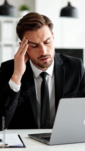 A businessman, wearing a suit, looks stressed while working on a laptop in an office