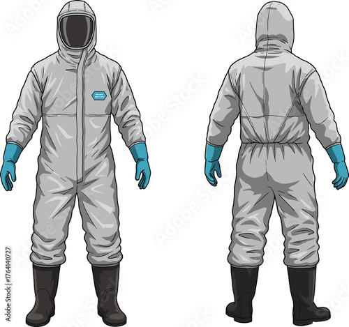 Protective suit front and back view, hazmat gear, full body PPE, safety equipment, visor hood, gloves, boots, contamination barrier