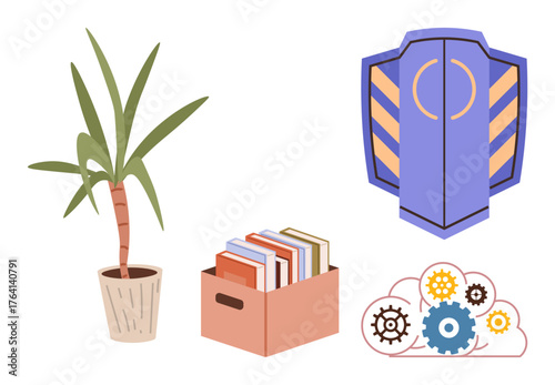 Potted plant, books in a box, protective shield, and cloud with gears represent growth, knowledge, security, innovation, and remote work. Ideal for productivity creativity workplace organization