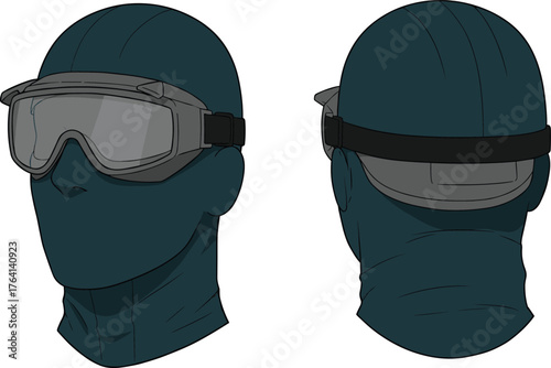 Protective safety goggles, clear lens, dark frame, adjustable strap, front and rear view, head mannequin, lab gear, workshop accessory, PPE, industrial eyewear