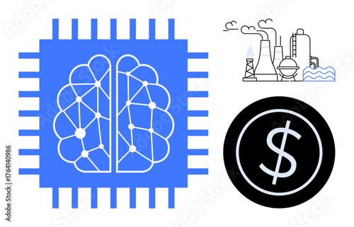 Brain microchip symbolizing AI, industrial plant for production, and currency icon for economic impact. Ideal for AI technology, automation, industry, economy, innovation, energy sustainability
