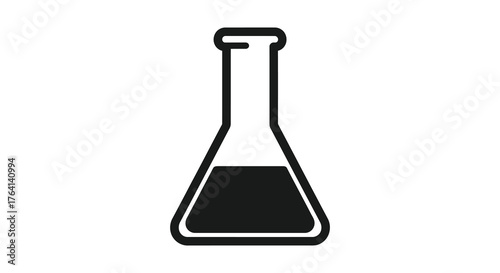 Simple black silhouette of a laboratory flask containing a dark liquid on a white background