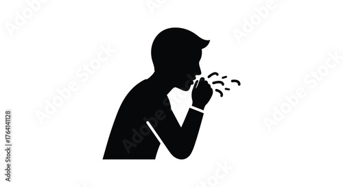 Silhouette of a person coughing or sneezing with droplets emanating from their mouth and nose silhouette