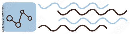 Geometric network structure beside wavy lines symbolizing data flow, communication, and integration. Ideal for technology, analytics, networking, communication, innovation, data transfer teamwork