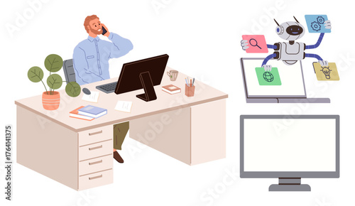 Businessman talking on phone in modern office with a robot performing multitasking on a laptop. Ideal for automation, productivity, technology, AI in business, innovation, efficiency, future work
