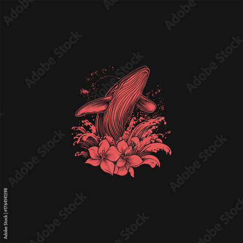 Dynamic vintage hand-drawn illustration of a whale leaping out of the ocean water, combined with lush floral elements