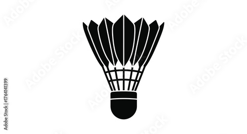 A stark black silhouette of a badminton shuttlecock against a white background showcasing its iconic feathered design