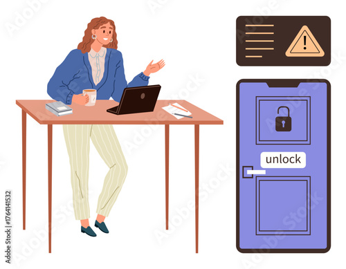 Professional woman talks near laptop and desk, warning sign, locked door. Ideal for online safety, data protection, security measures, access control, authentication, caution simple flat metaphor