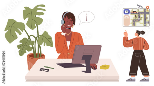 Customer service representative with headset answering call at desk. Colleague views a map for navigation help. Ideal for support, directions, teamwork, professionalism, assistance, communication