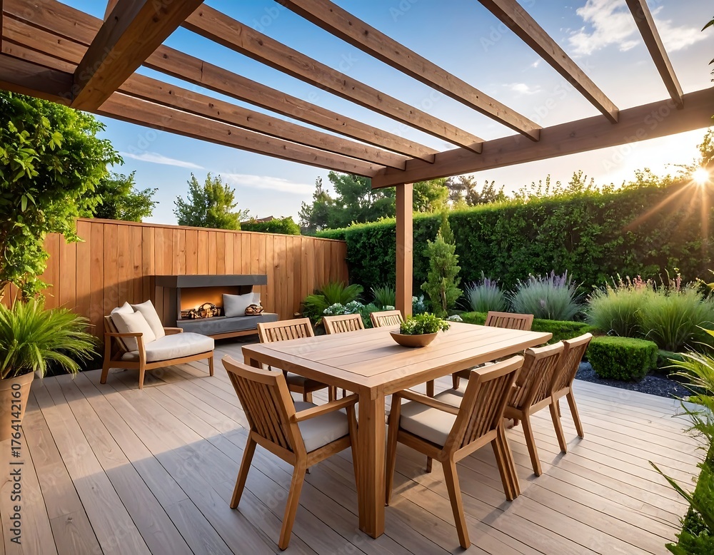 Fototapeta premium Outdoor patio dining area under pergola at sunset