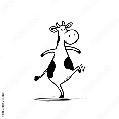 Dancing cow vector illustration funny cartoon dairy farm animal black and white drawing happy moo graphic design art