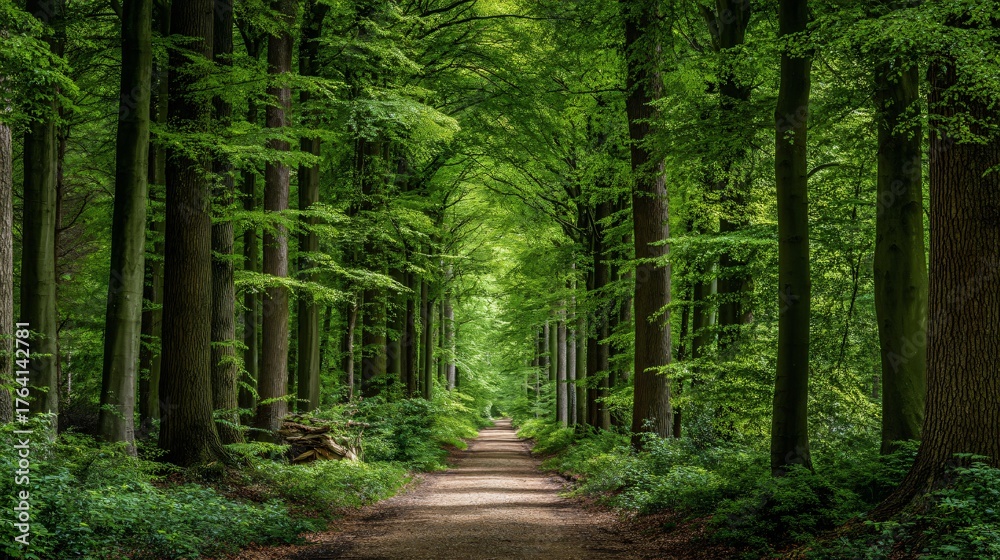 Obraz premium A tree lined dirt path winds through a dense sun dappled green forest with tall trees