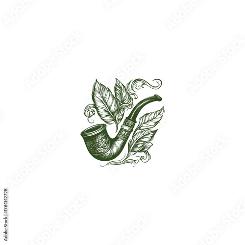 Vintage hand-drawn illustration of a classic smoking pipe surrounded by ornate leaves and swirling smoke elements