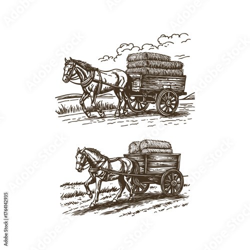 Vintage hand-drawn illustration depicting a horse pulling a wooden cart loaded with hay bales across a field, with hills in the background
